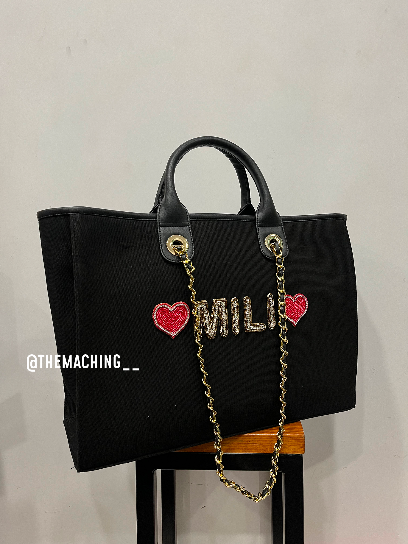 Personalised Canvas Tote Bag with Diamond Name With 2 Heart