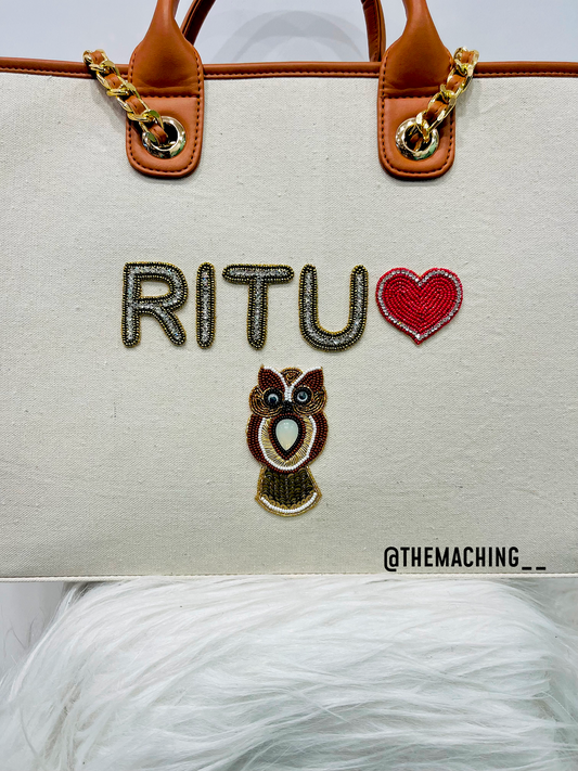 Personalised Canvas Tote Bag with Diamond Name Heart And Owl