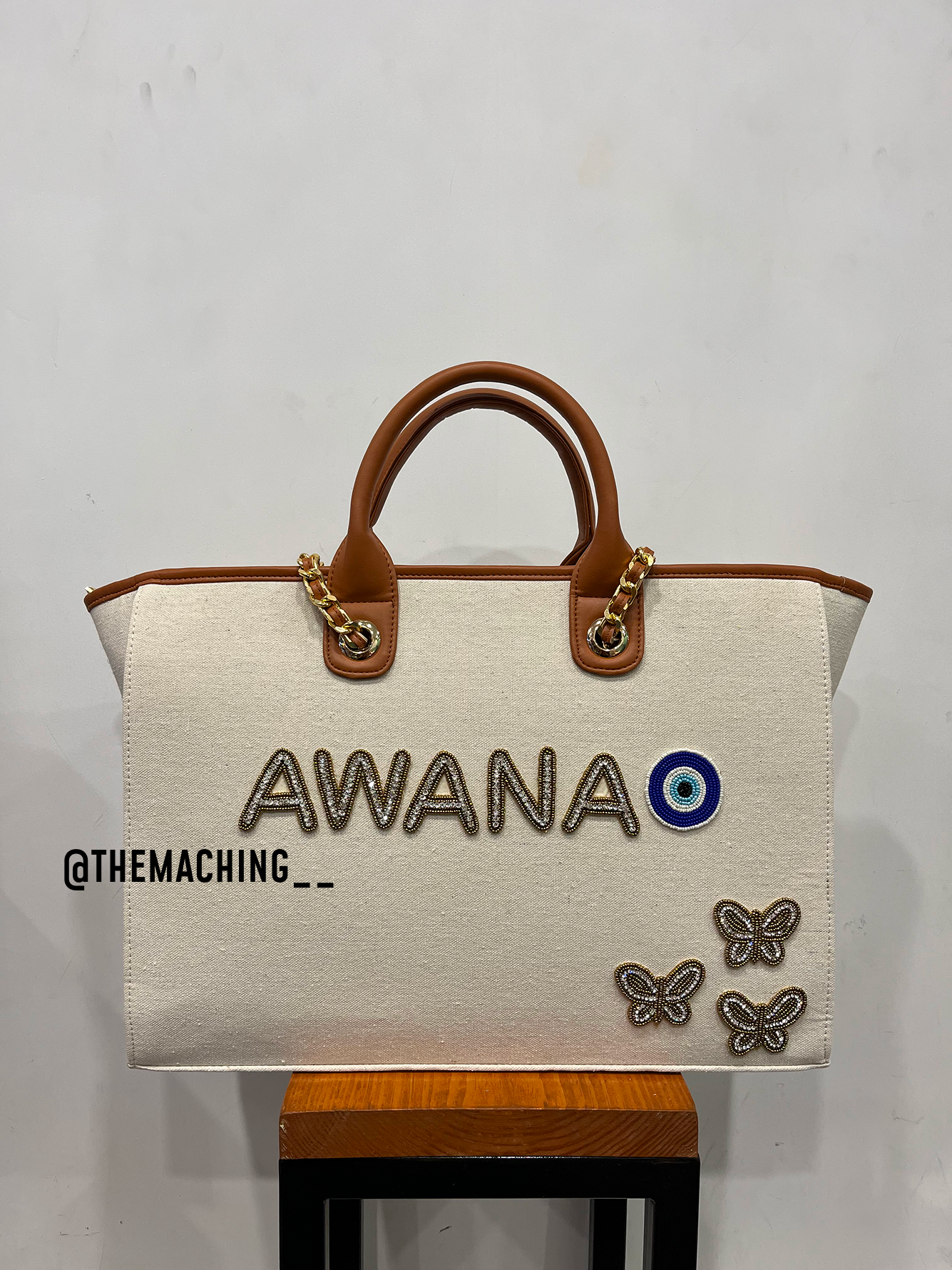 Personalised Canvas Tote Bag with Diamond Name With 3 Small Butterfly And Evil Eye