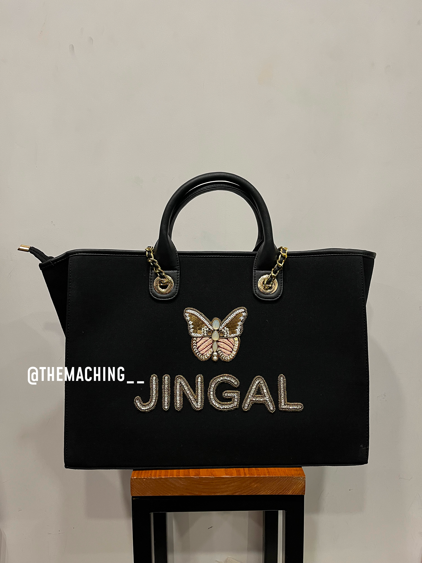 Personalised Canvas Tote Bag with Diamond Name With Up Side Big Butterfly