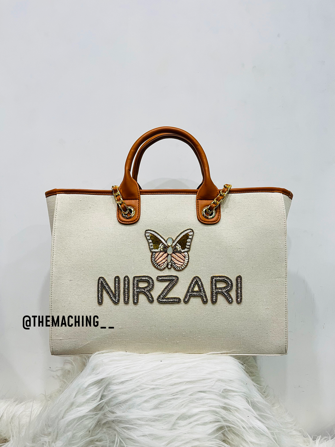 Personalised Canvas Tote Bag with Diamond Name With Big Butterfly