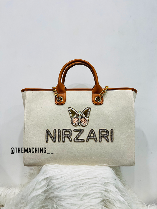 Personalised Canvas Tote Bag with Diamond Name With Big Butterfly