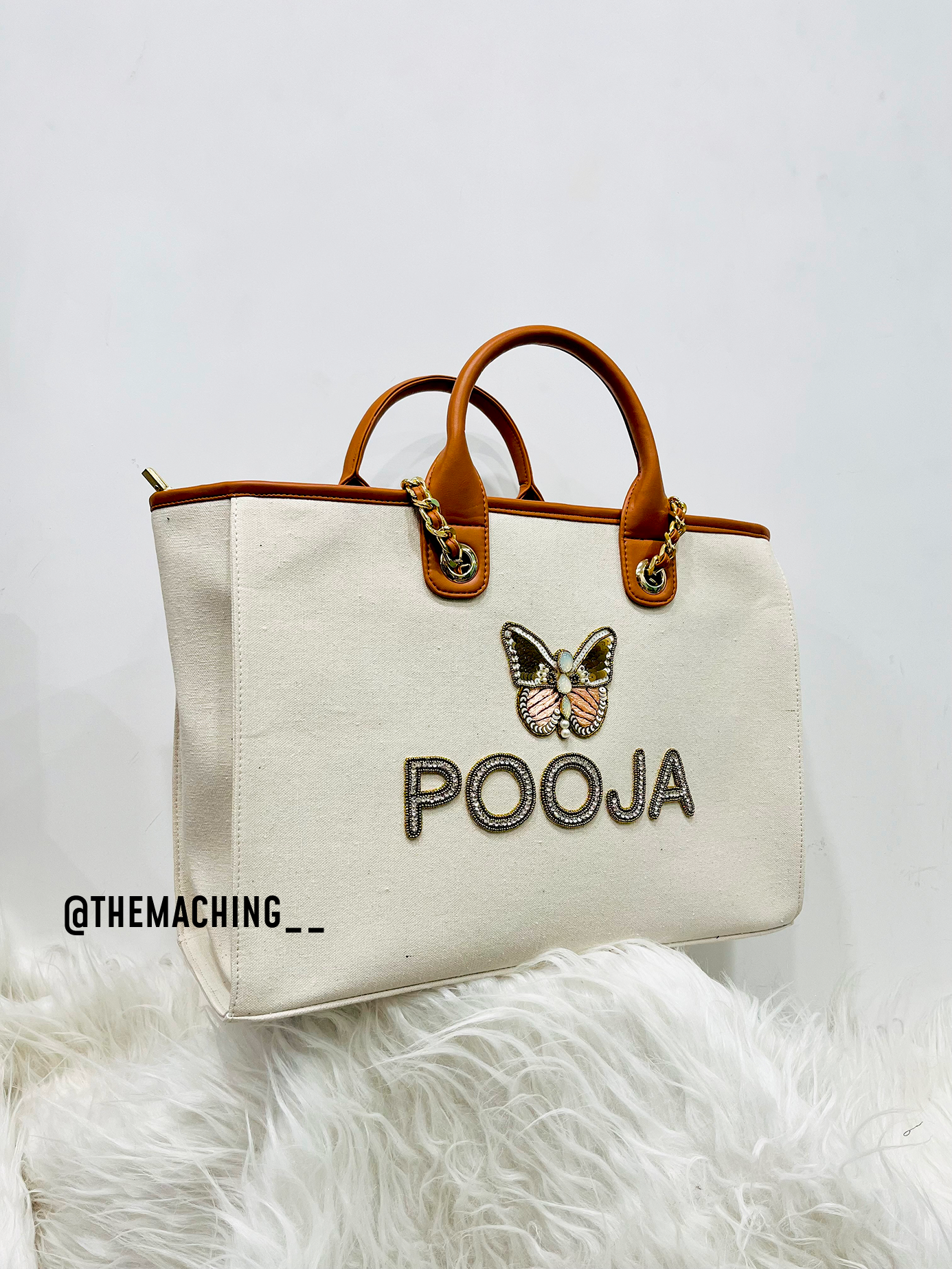 Personalised Canvas Tote Bag with Diamond Name With Big Butterfly