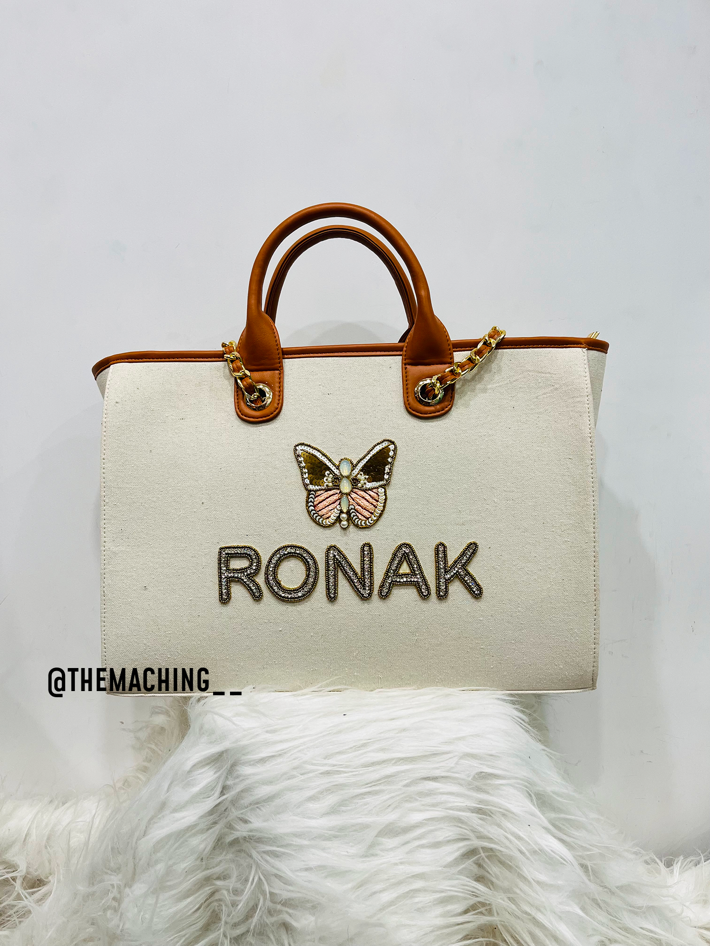 Personalised Canvas Tote Bag with Diamond Name With Big Butterfly