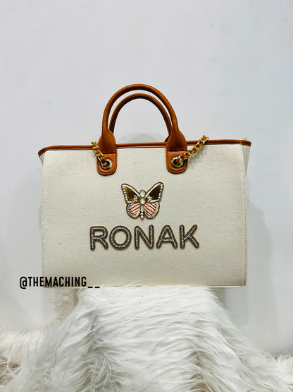 Personalised Canvas Tote Bag with Diamond Name With Big Butterfly