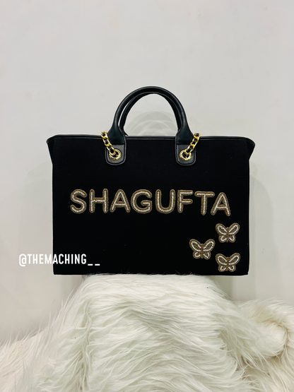 Personalised Canvas Tote Bag with Diamond Name With 3 Small Butterfly