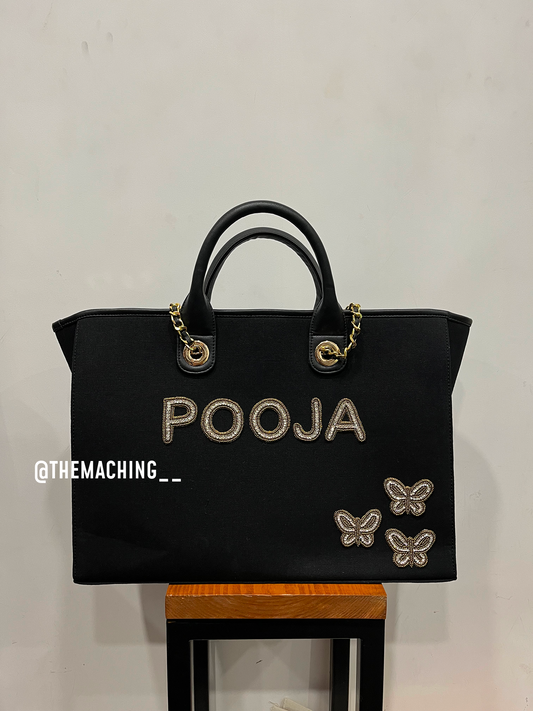 Personalised Canvas Tote Bag with Diamond Name With 3 Small Butterfly