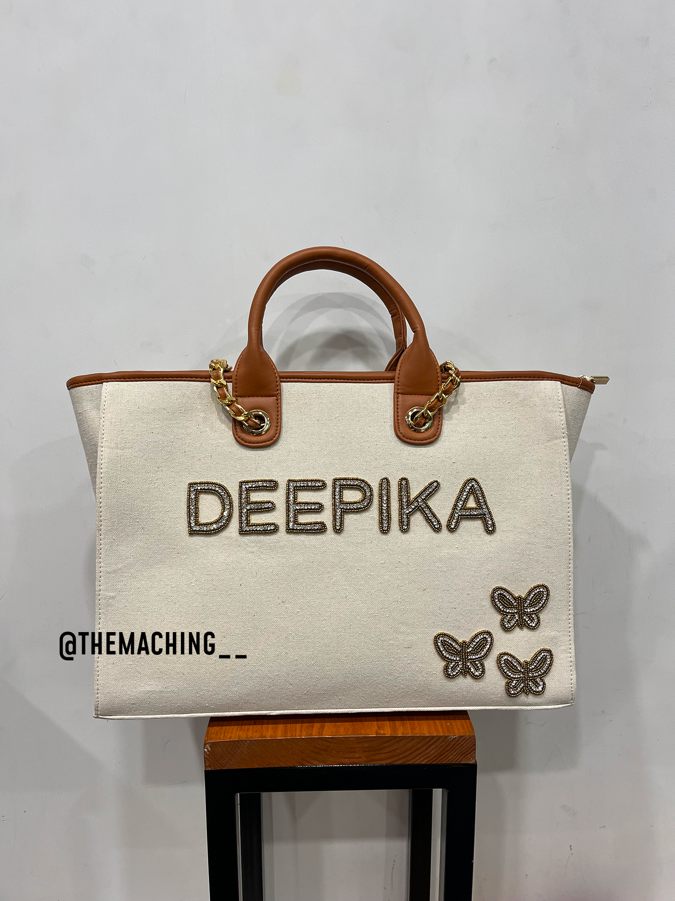 Personalised Canvas Tote Bag with Diamond Name 3 Small Butterfly