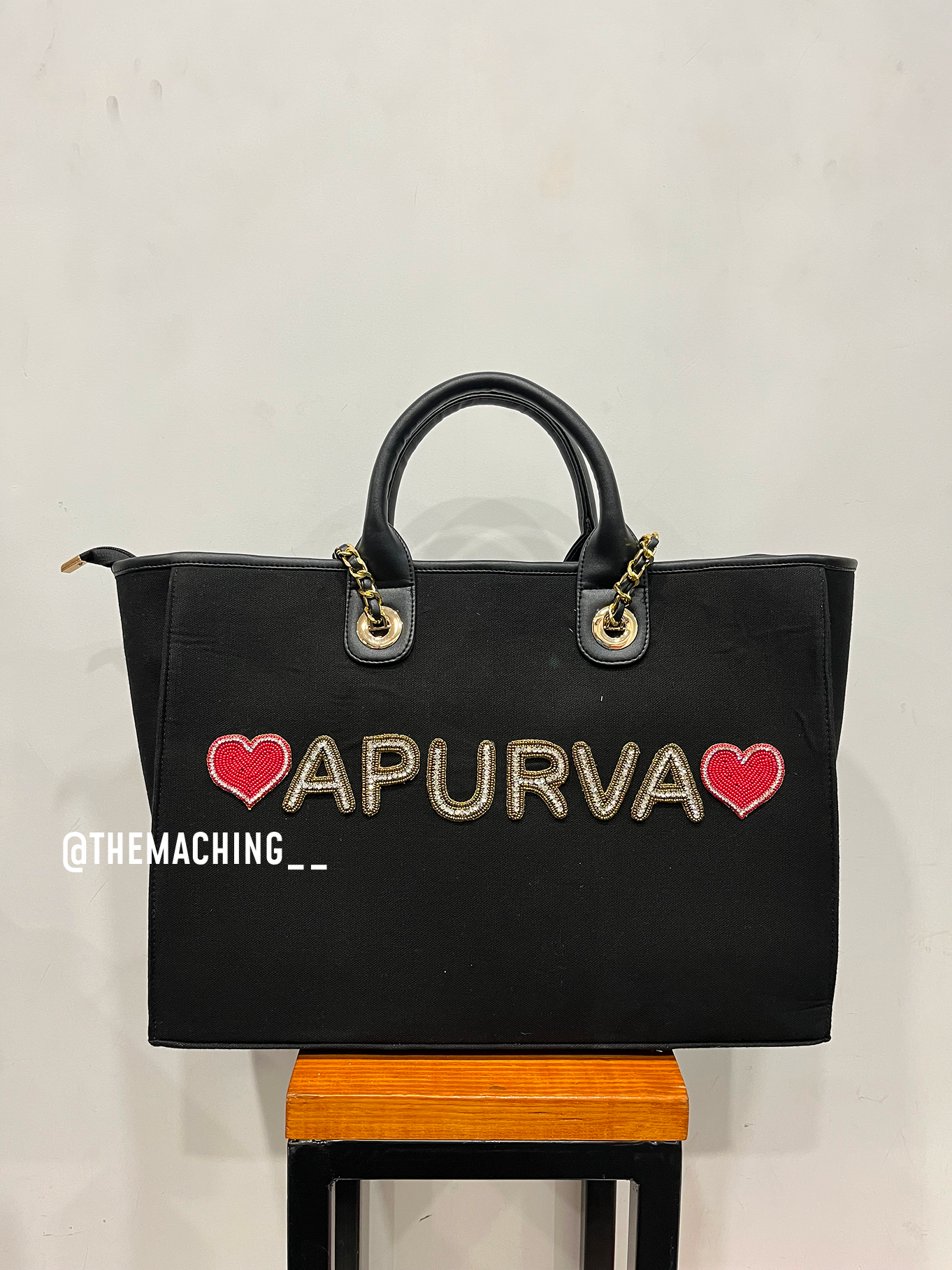 Personalised Canvas Tote Bag with Diamond Name With 2 Heart