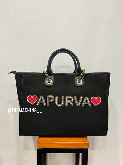 Personalised Canvas Tote Bag with Diamond Name With 2 Heart