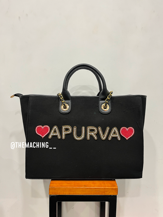 Personalised Canvas Tote Bag with Diamond Name With 2 Heart