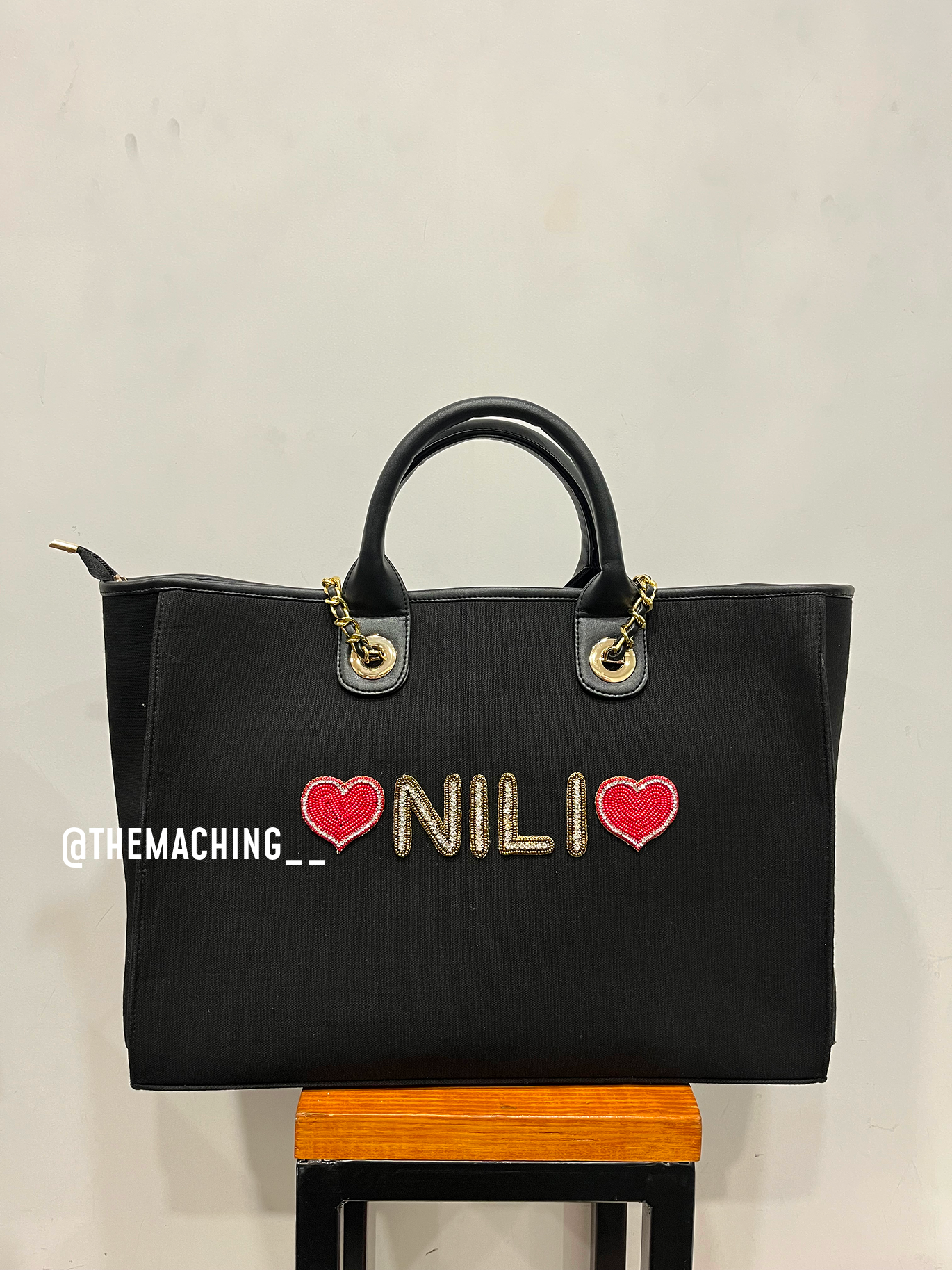 Personalised Canvas Tote Bag with Diamond Name With 2 Heart