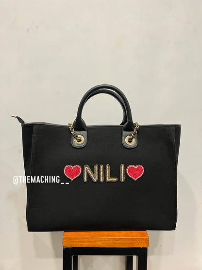 Personalised Canvas Tote Bag with Diamond Name With 2 Heart