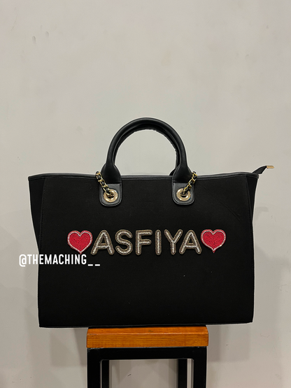 Personalised Canvas Tote Bag with Diamond Name With 2 Heart