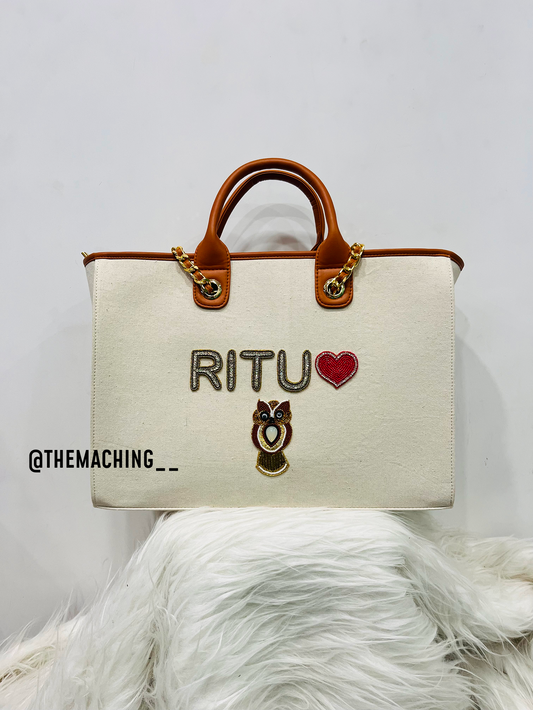 Personalised Canvas Tote Bag with Diamond Name Heart And Owl