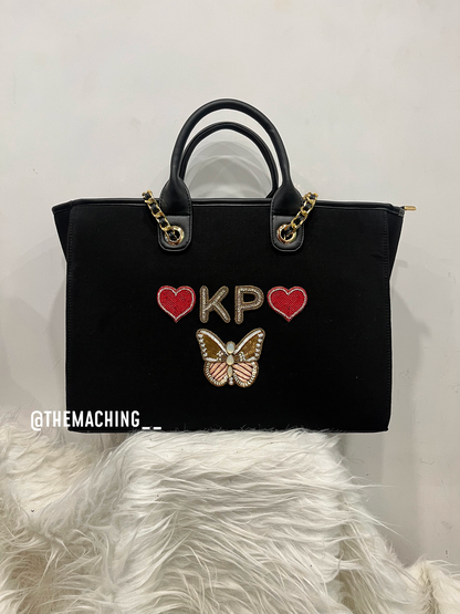 Personalised Canvas Tote Bag with Diamond Name 2 Heart And Down Side Big Butterfly