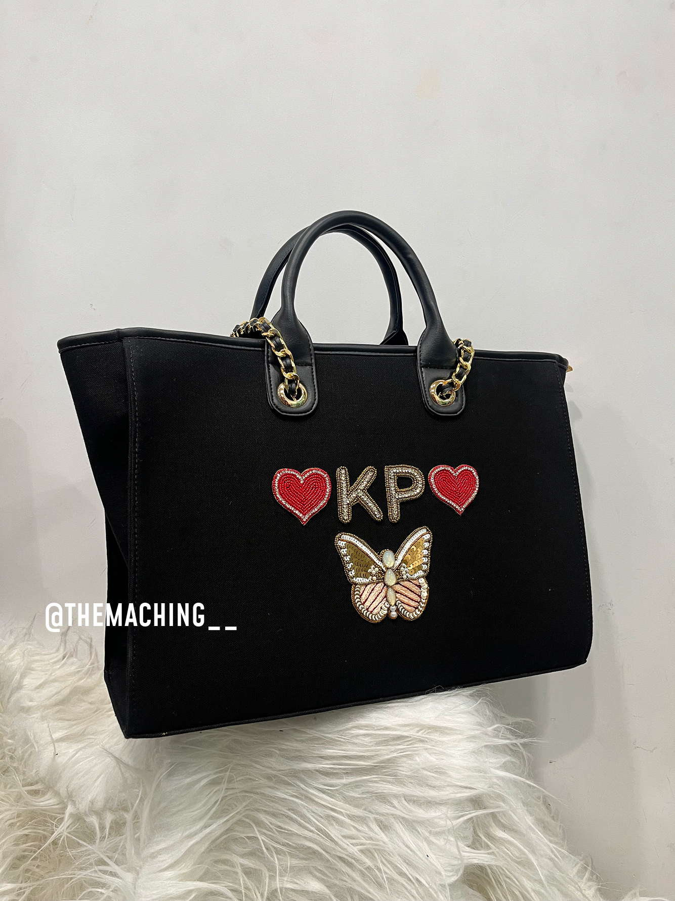 Personalised Canvas Tote Bag with Diamond Name 2 Heart And Down Side Big Butterfly