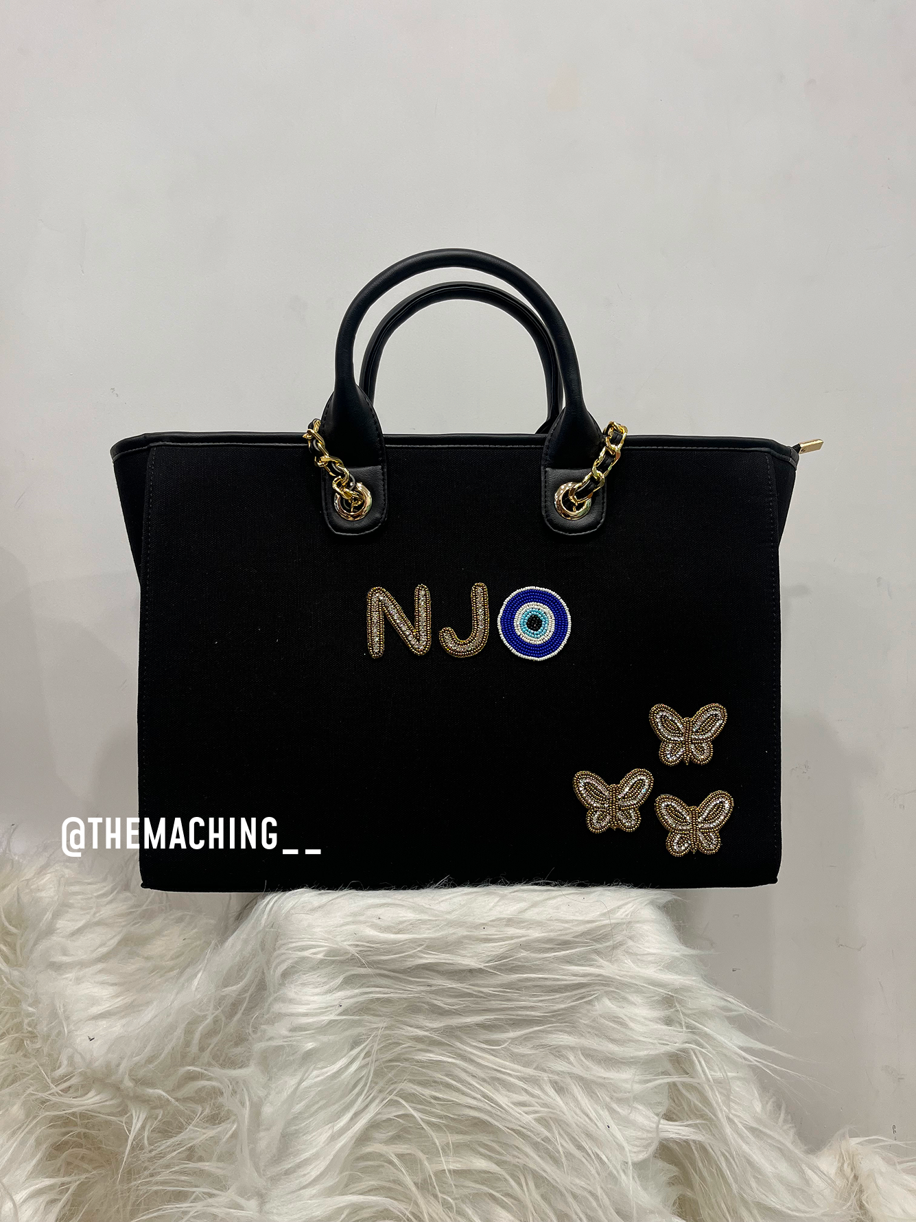 Personalised Canvas Tote Bag with Diamond Name Evil Eye And 3 Small Butterfly