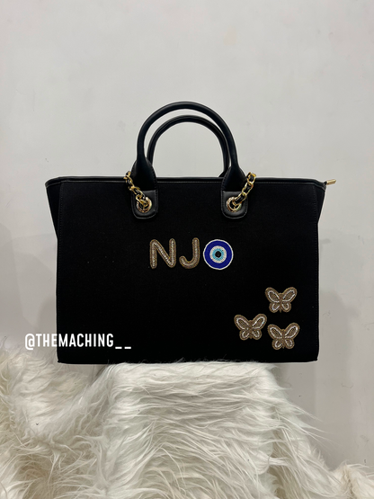 Personalised Canvas Tote Bag with Diamond Name Evil Eye And 3 Small Butterfly