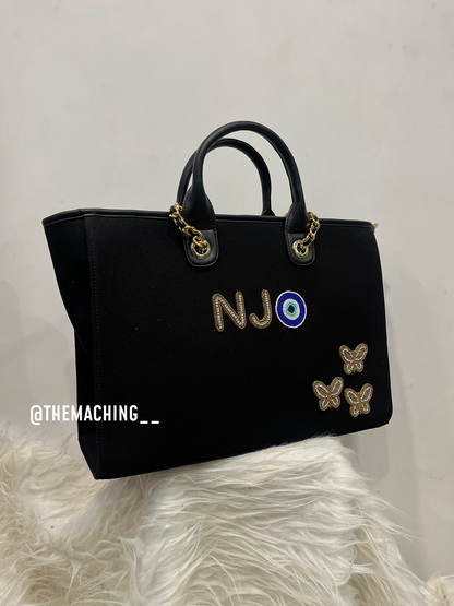 Personalised Canvas Tote Bag with Diamond Name Evil Eye And 3 Small Butterfly