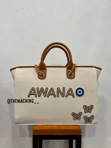 Personalised Canvas Tote Bag with Diamond Name With 3 Small Butterfly And Evil Eye