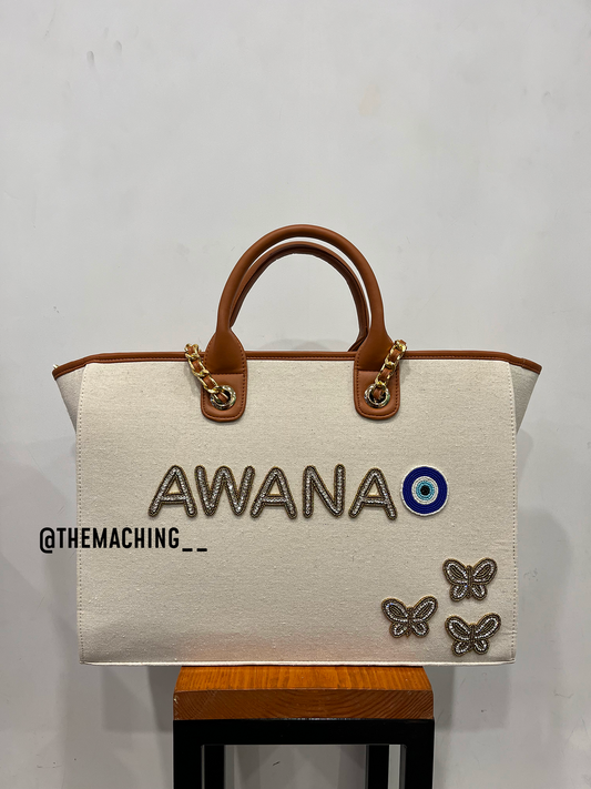 Personalised Canvas Tote Bag with Diamond Name With 3 Small Butterfly And Evil Eye