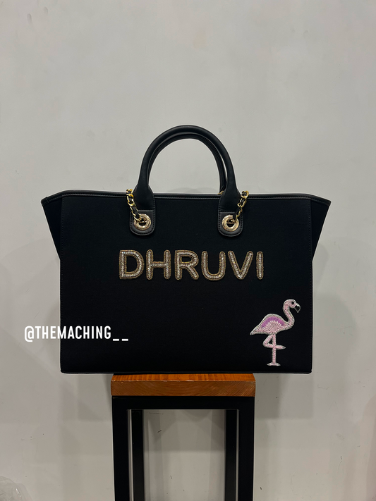 Personalised Canvas Tote Bag with Diamond Name With Flamingo