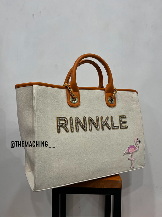 Personalised Canvas Tote Bag with Diamond Name With Flamingo