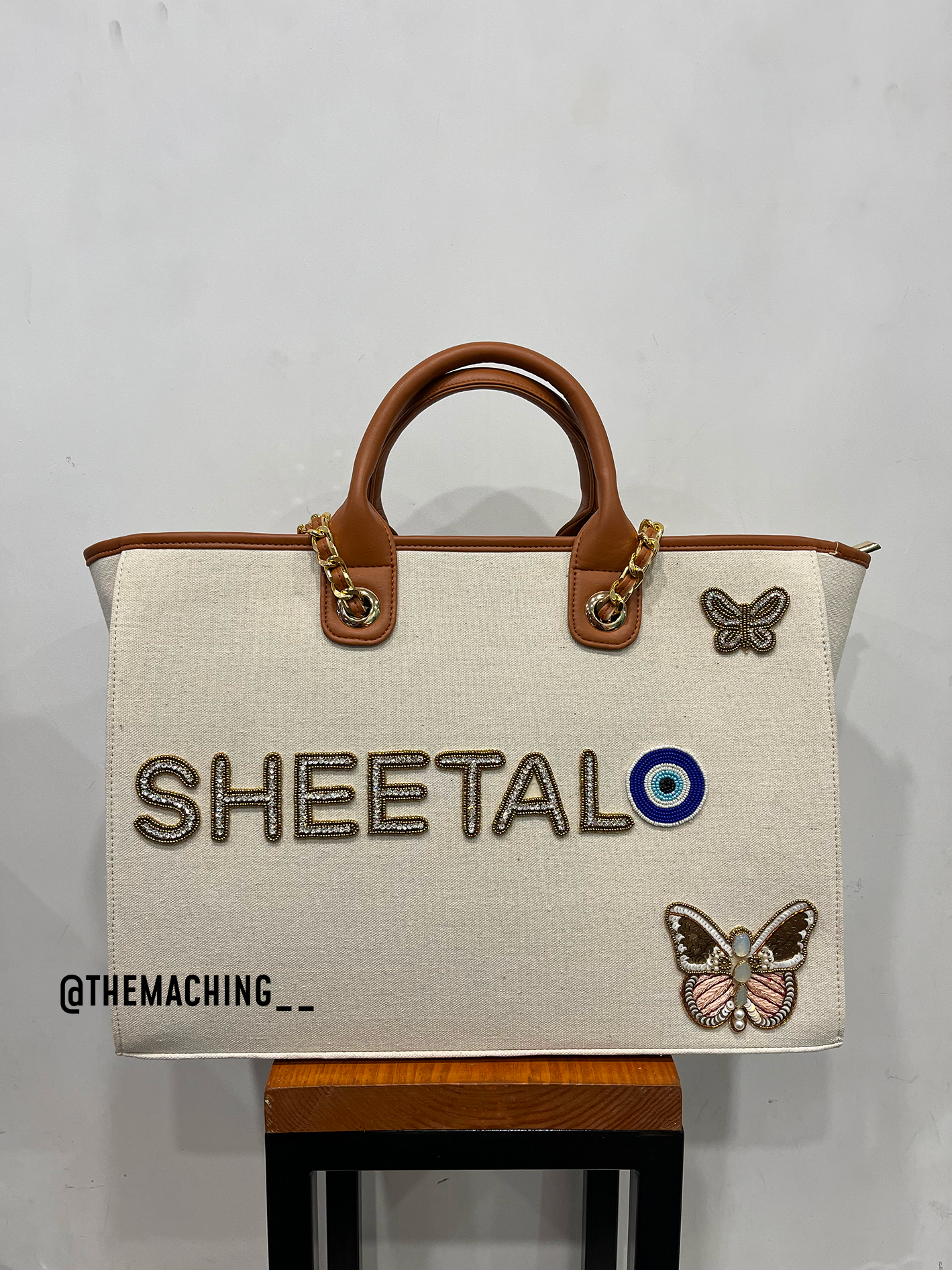 Personalised Canvas Tote Bag with Diamond Name Evil Eye And Big Butterfly