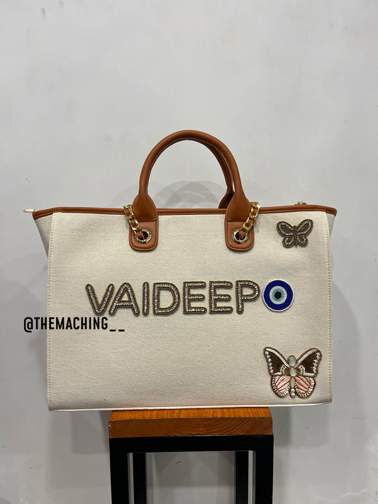 Personalised Canvas Tote Bag with Diamond Name Evil Eye And Big Butterfly