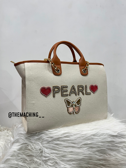 Personalised Canvas Tote Bag with Diamond Name With 2 Heart And Down Side Big Butterfly