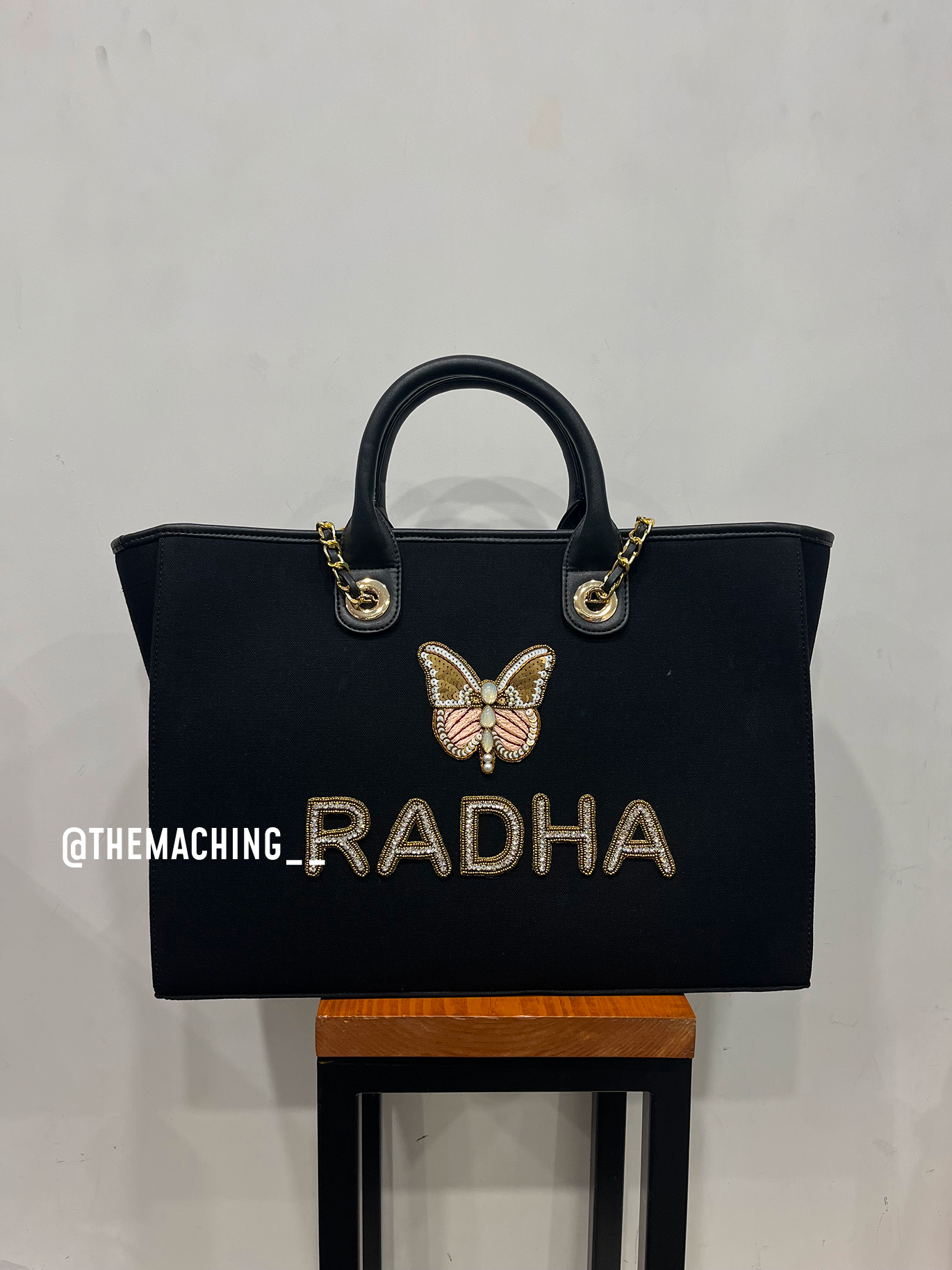 Personalised Canvas Tote Bag with Diamond Name With Up Side Big Butterfly