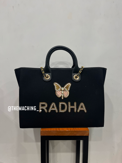 Personalised Canvas Tote Bag with Diamond Name With Up Side Big Butterfly
