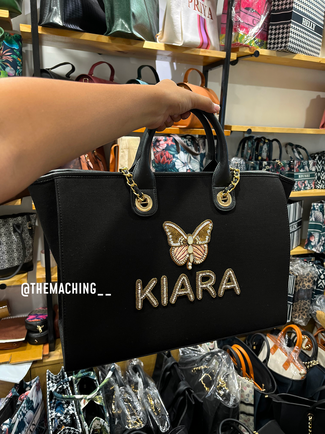 Personalised Canvas Tote Bag with Diamond Name With Up Side Big Butterfly