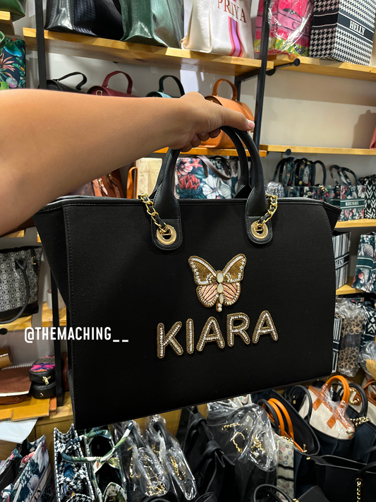 Personalised Canvas Tote Bag with Diamond Name With Up Side Big Butterfly