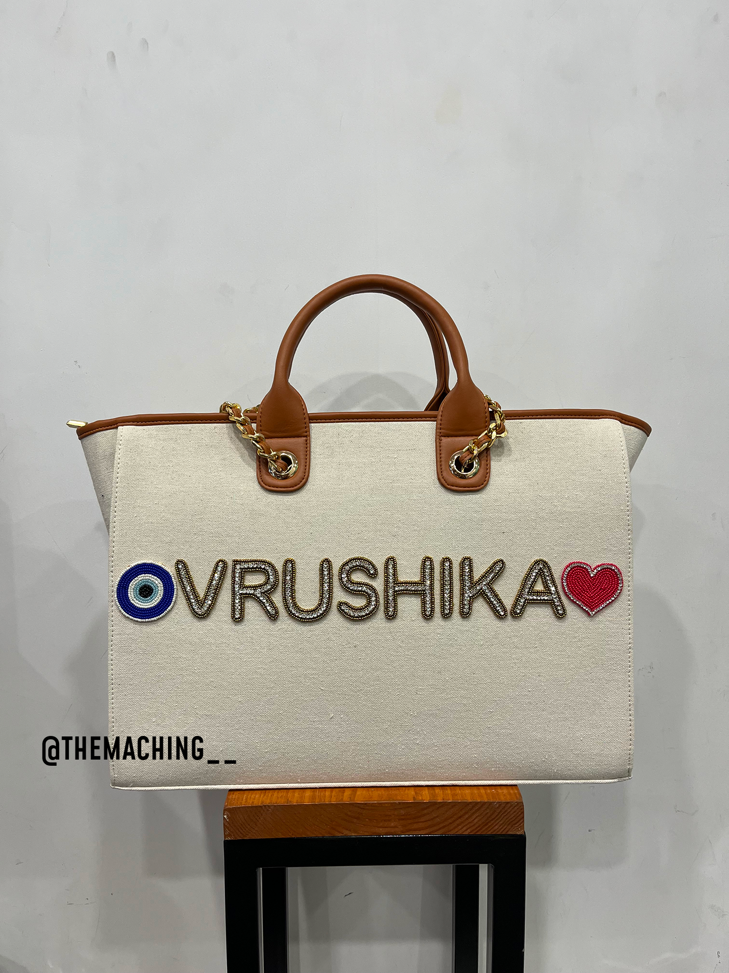 Personalised Canvas Tote Bag with Diamond Name With Evil Eye And Heart