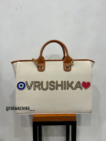 Personalised Canvas Tote Bag with Diamond Name With Evil Eye And Heart