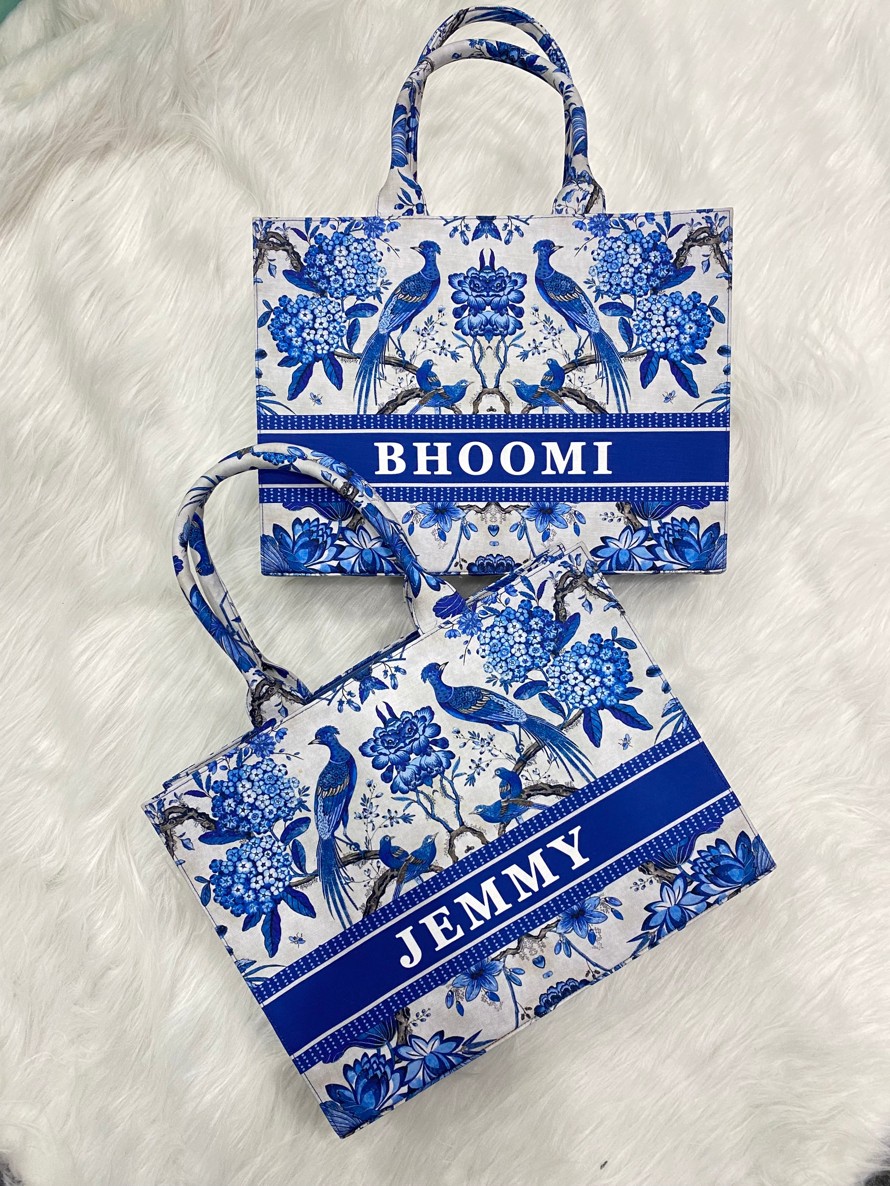 Aesthetic Blue Birds Bag With Your Name