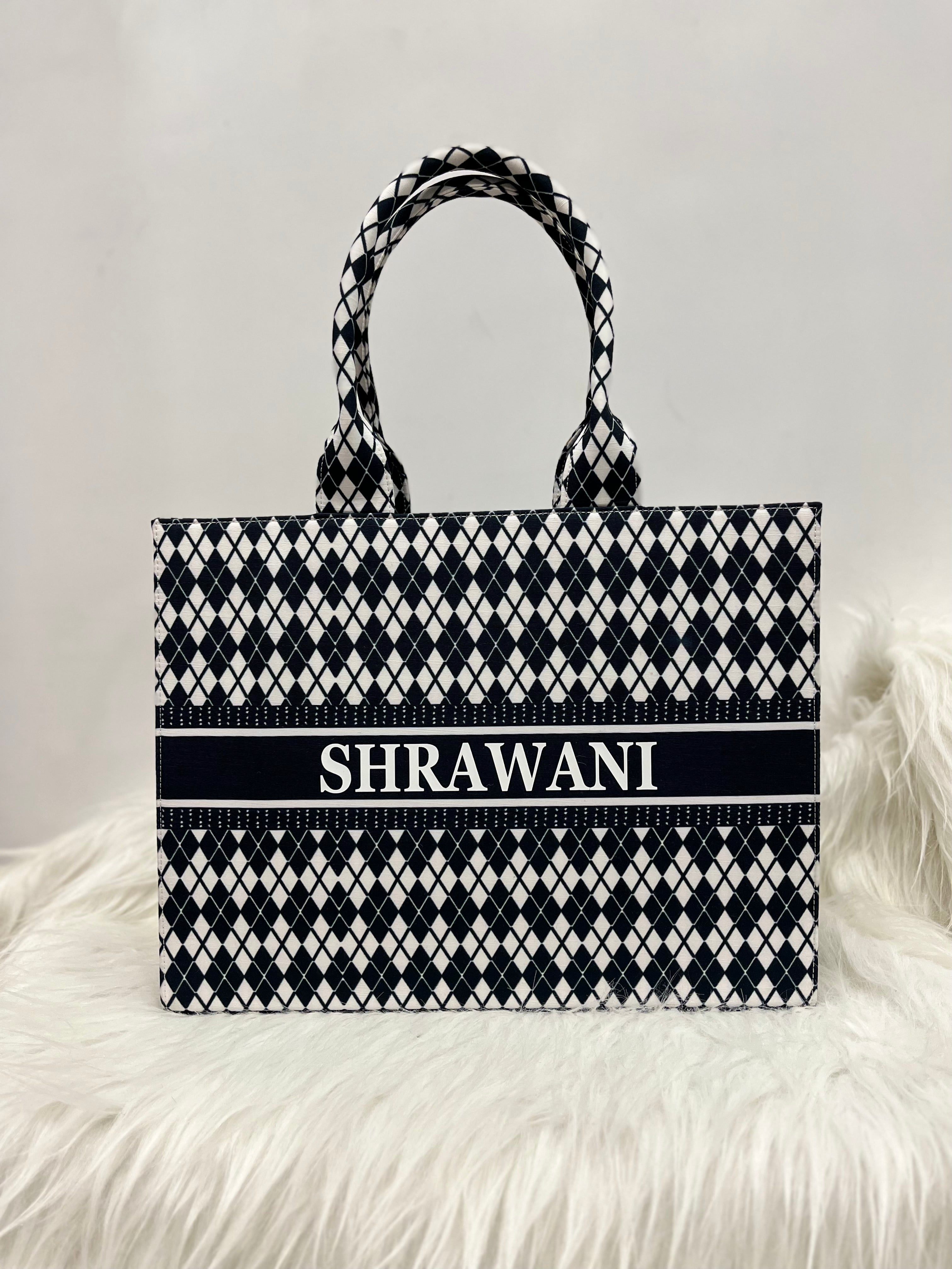 Black and White Cheks Tote Bag With Your Name