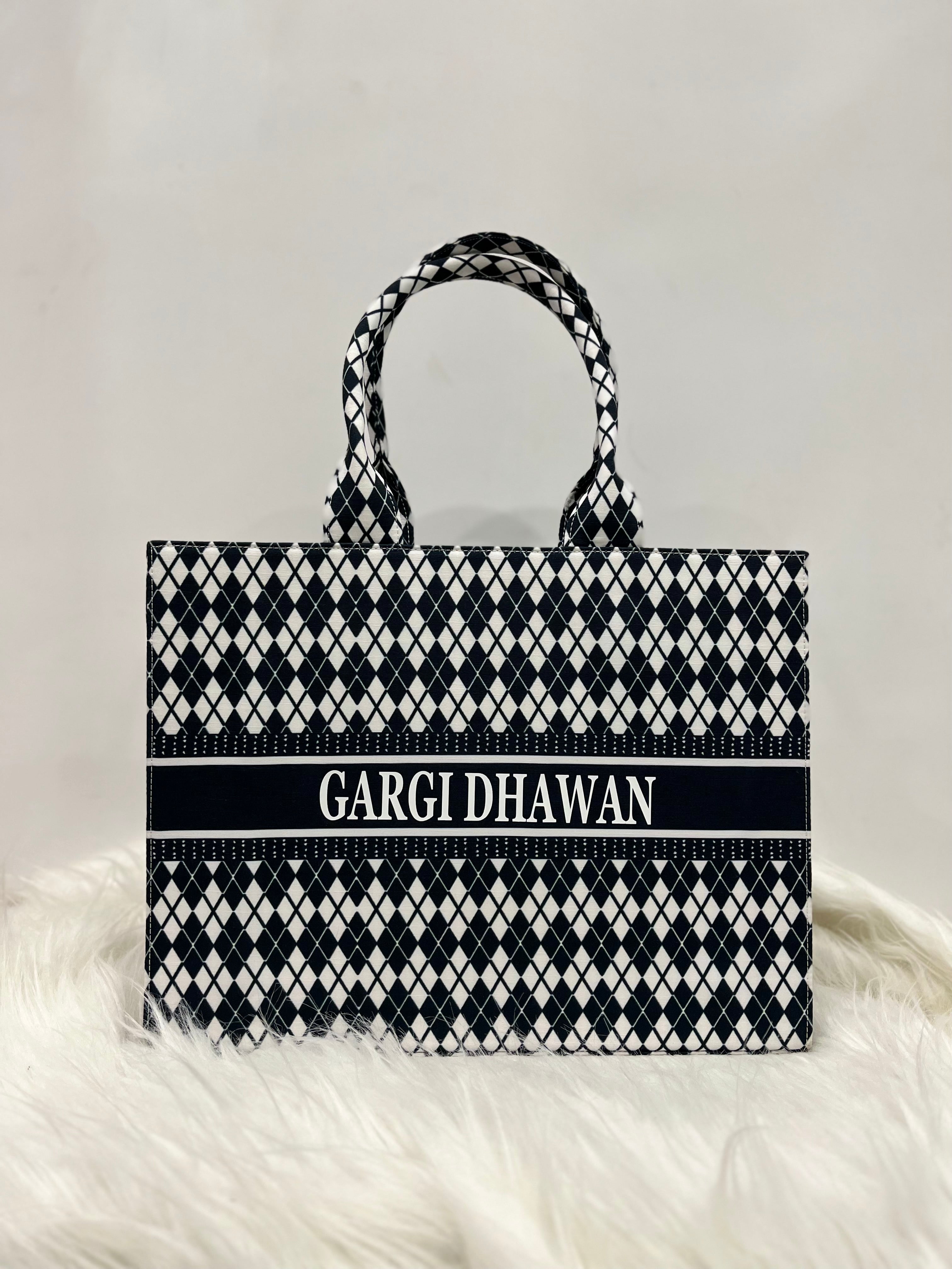 Black and White Cheks Tote Bag With Your Name