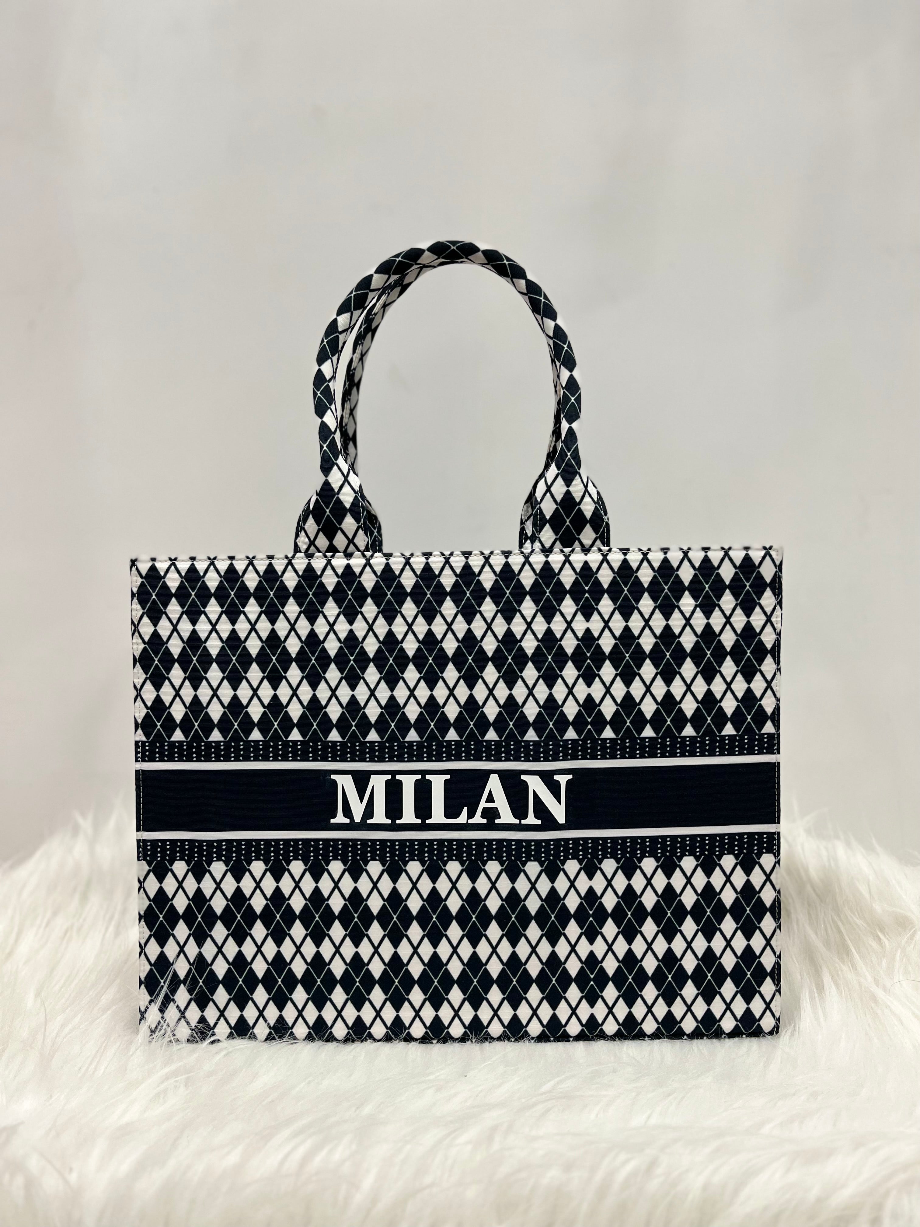 Black and White Cheks Tote Bag With Your Name