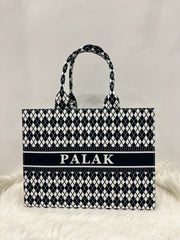 Black and White Cheks Tote Bag With Your Name