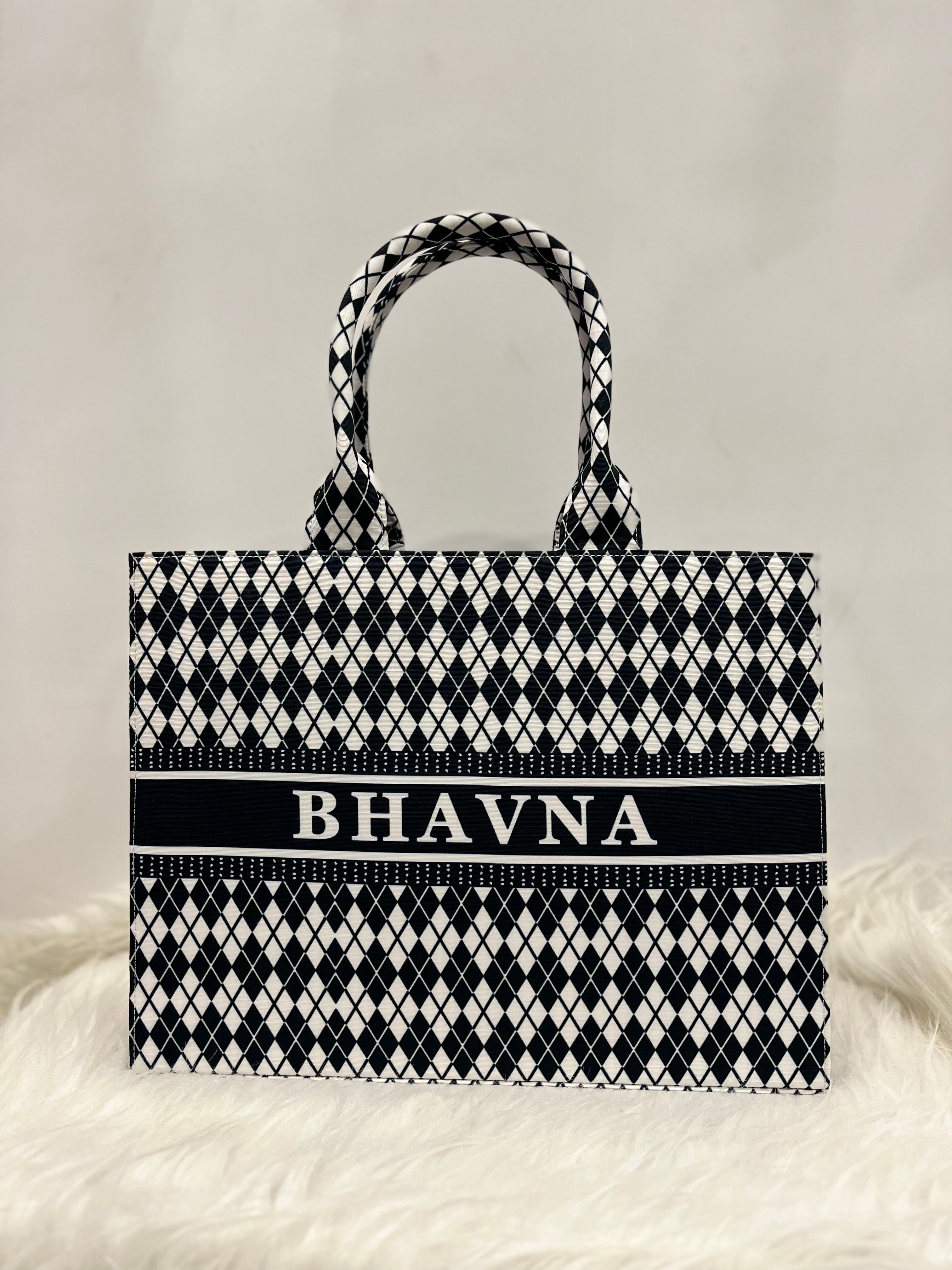 Black and White Cheks Tote Bag With Your Name