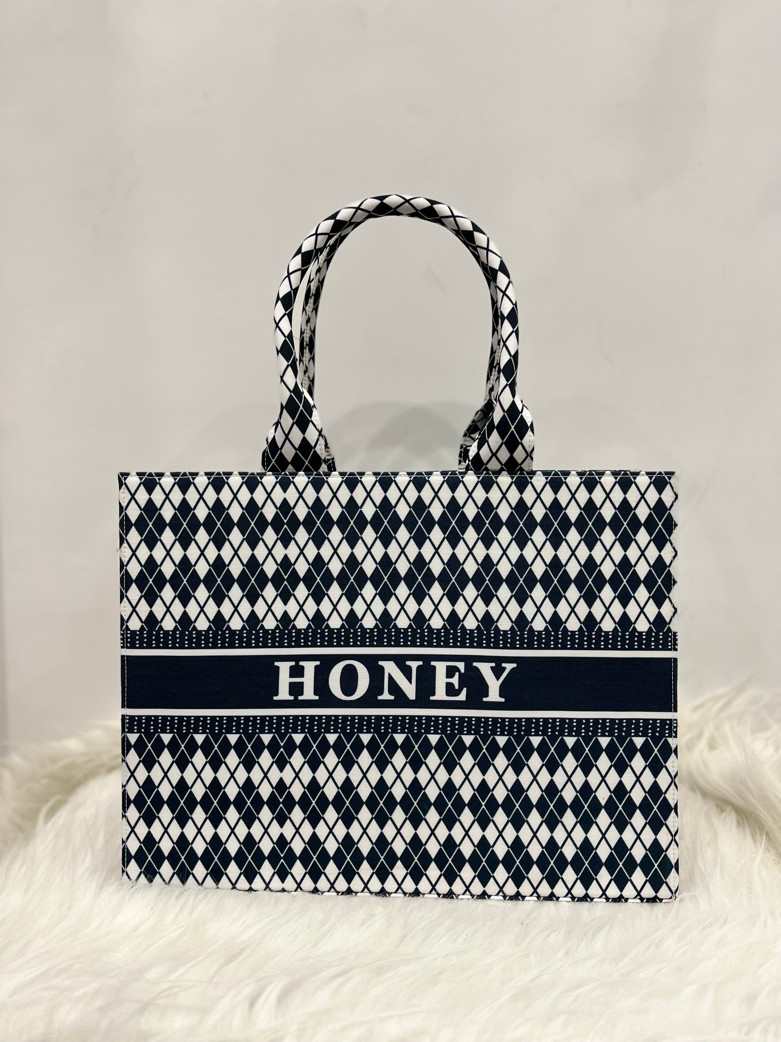 Black and White Cheks Tote Bag With Your Name