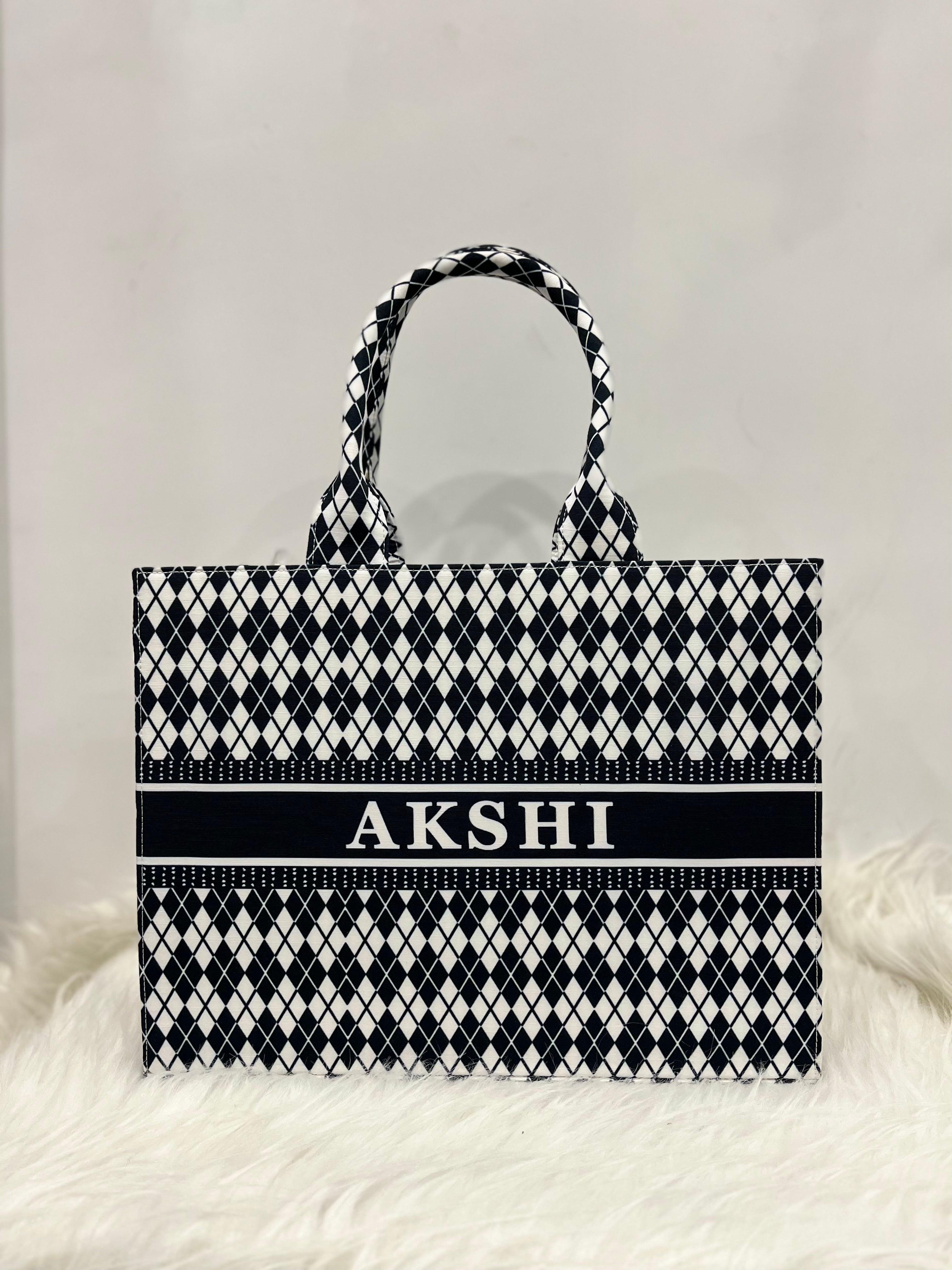 Black and White Cheks Tote Bag With Your Name