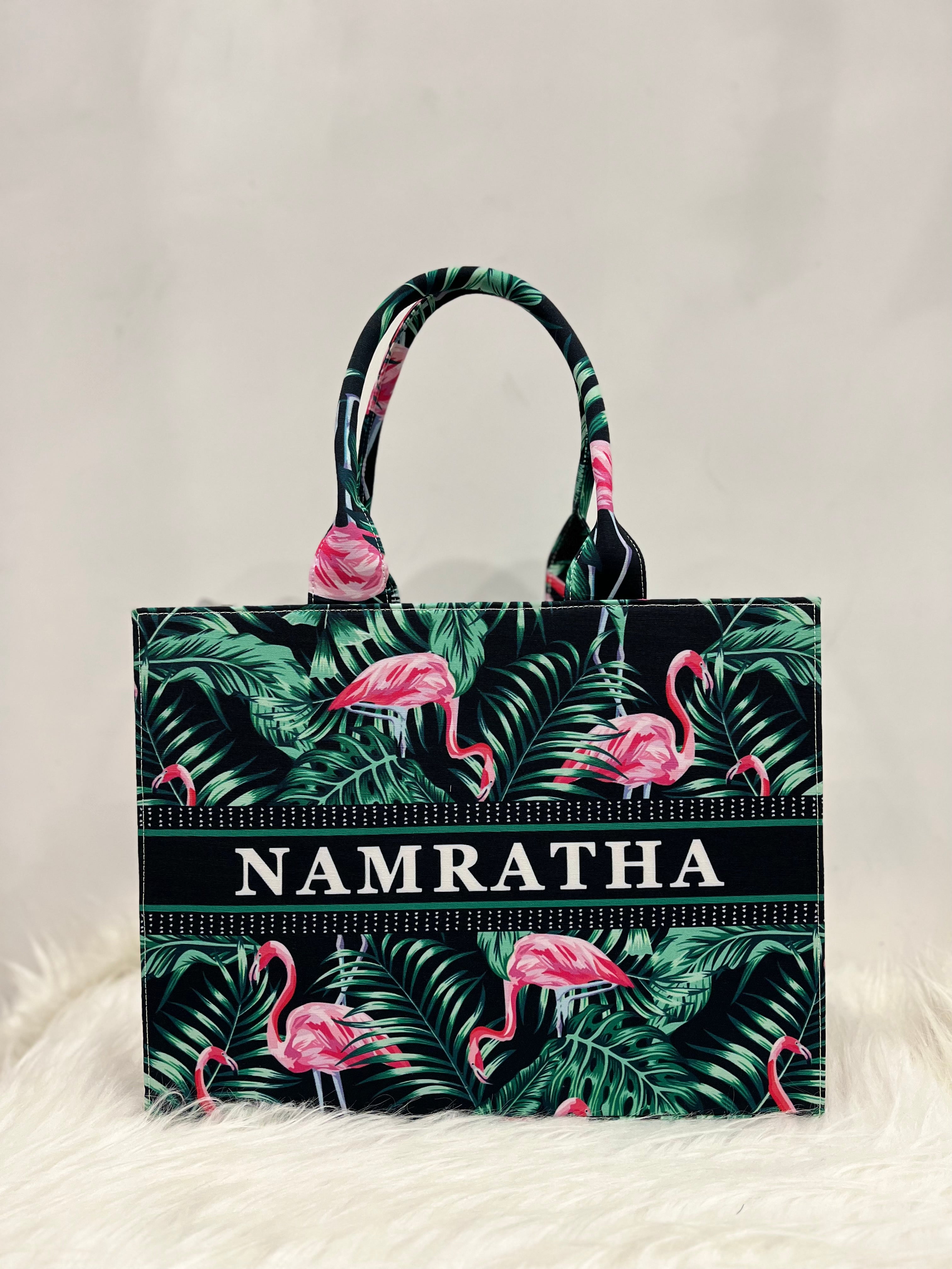 Flamingo and Leaves Tote Bag With Your Name