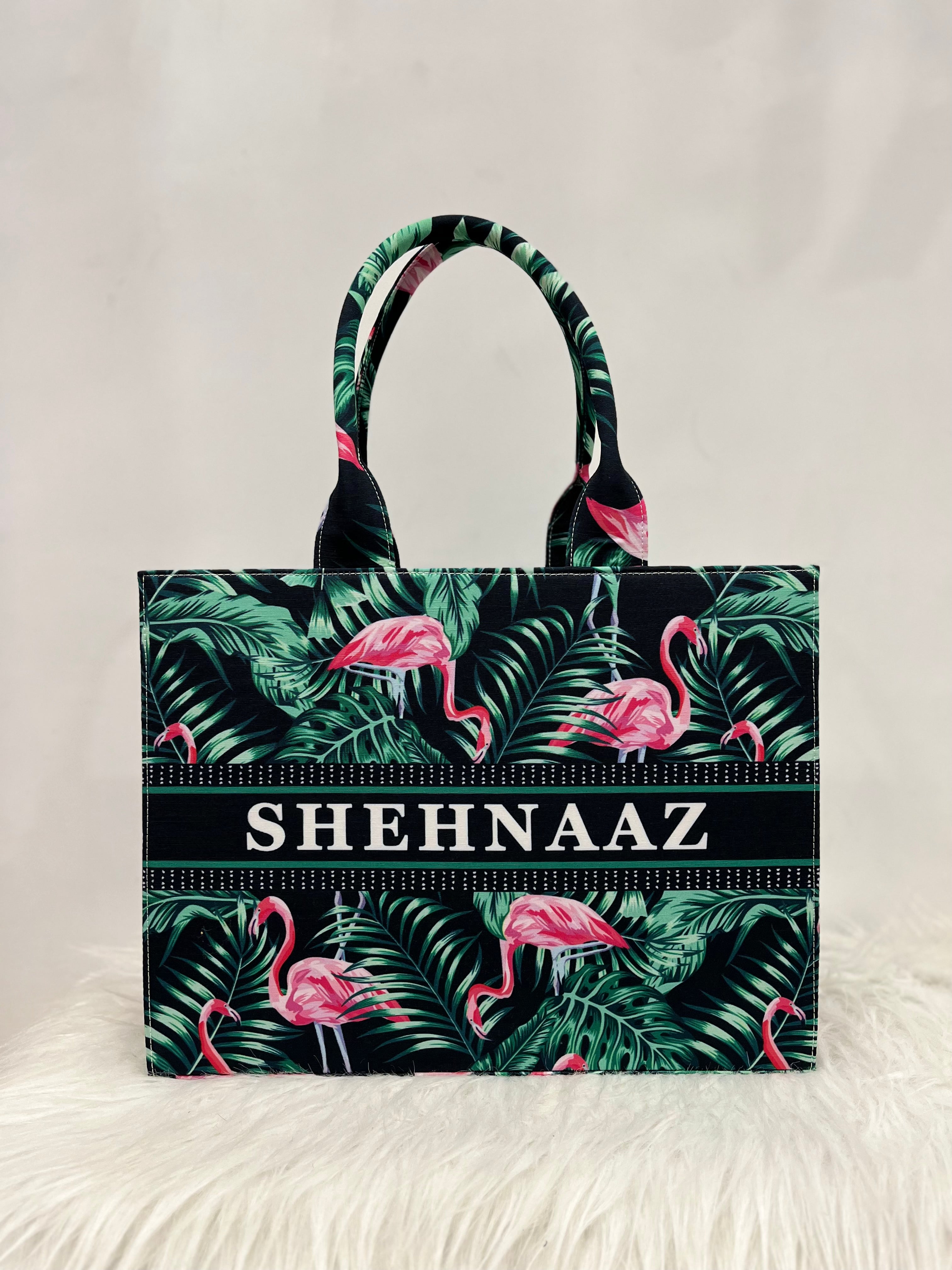 Flamingo and Leaves Tote Bag With Your Name