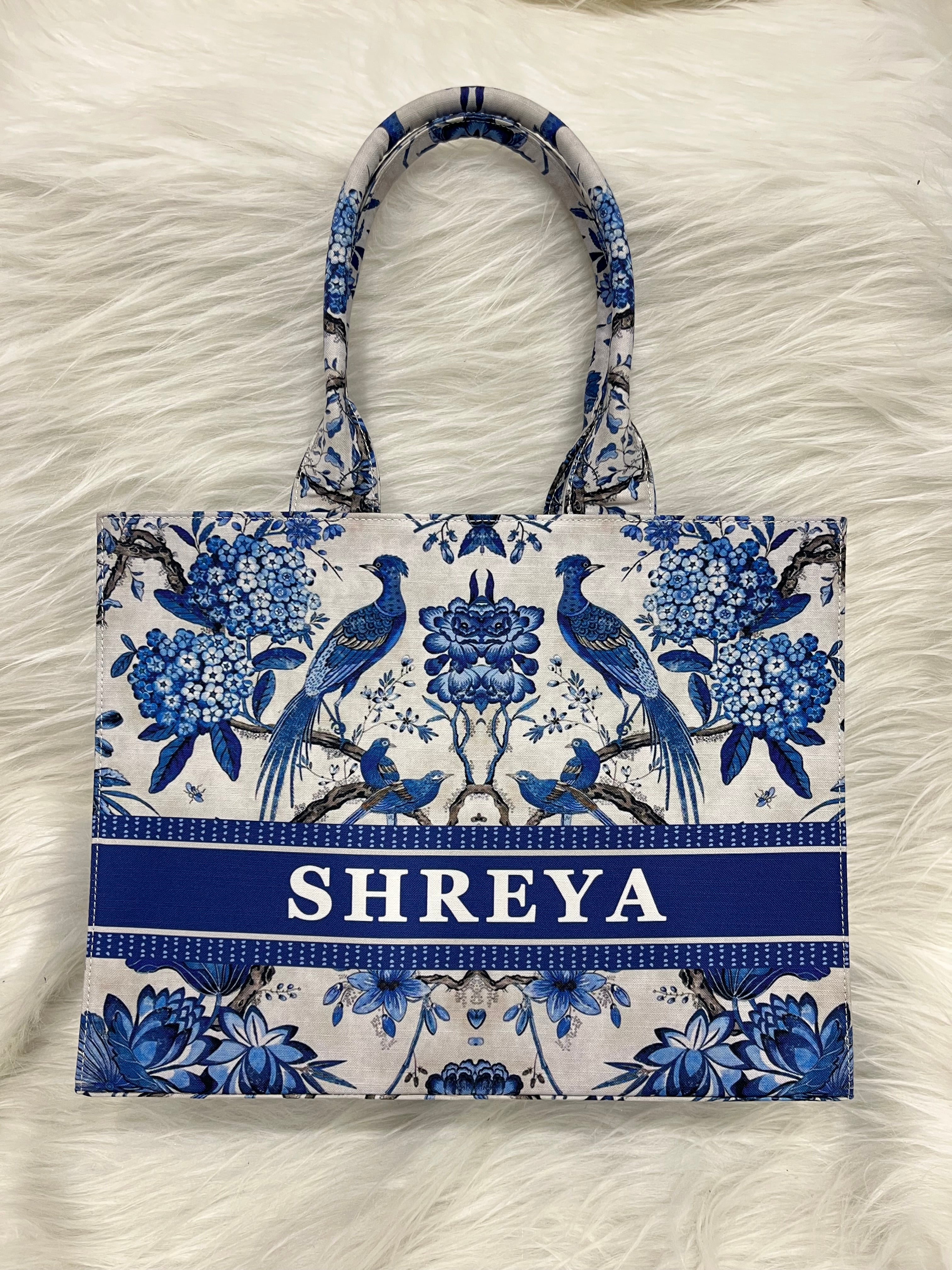 Aesthetic Blue Birds Bag With Your Name