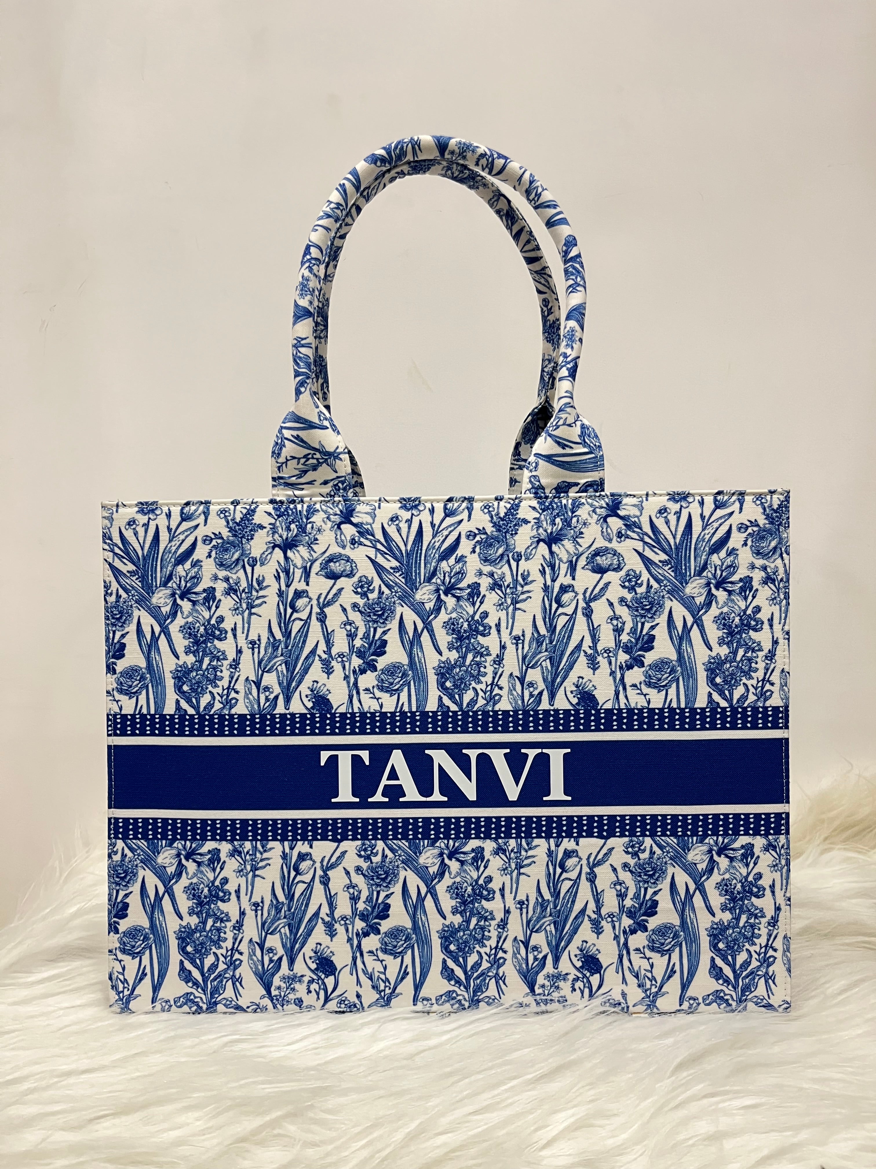 Blue and White Tote Bag With Your Name