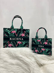 Flamingo and Leaves Tote Bag With Your Name